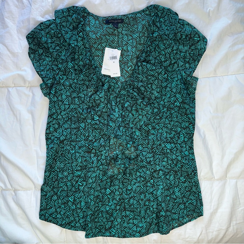 Banana Republic Teal Green and Black Geometric Pattern Blouse Medium